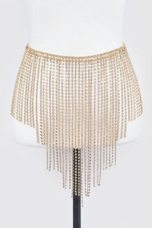 Rhinestone belt with sparkling embellishments from Toshe Women's Fashions, showcasing its intricate design and shiny details.