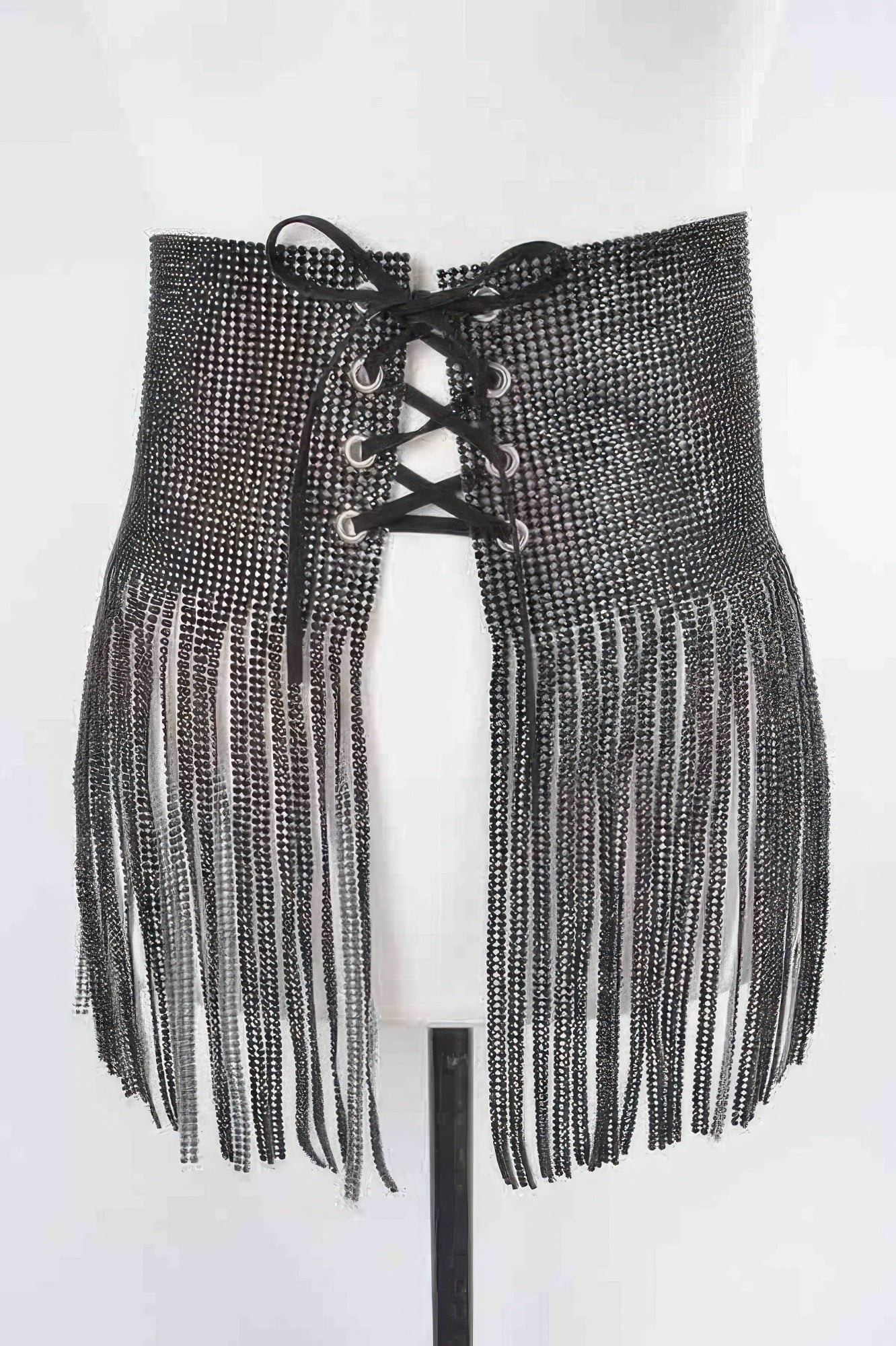 Silver rhinestone fringe belt from Toshe Women's Fashions, featuring sparkling rhinestones and layered fringe design.