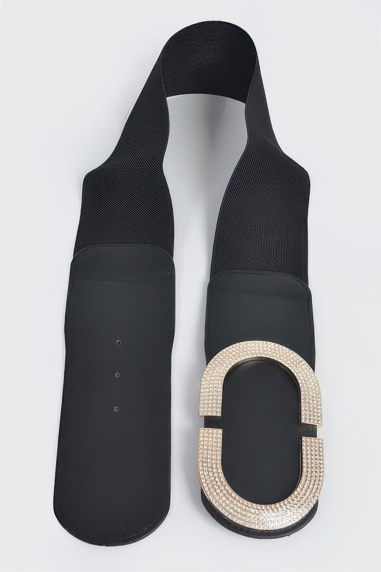 Rhinestone buckle stretch belt from Toshe Women's Fashions featuring sparkling rhinestones and a flexible elastic design.