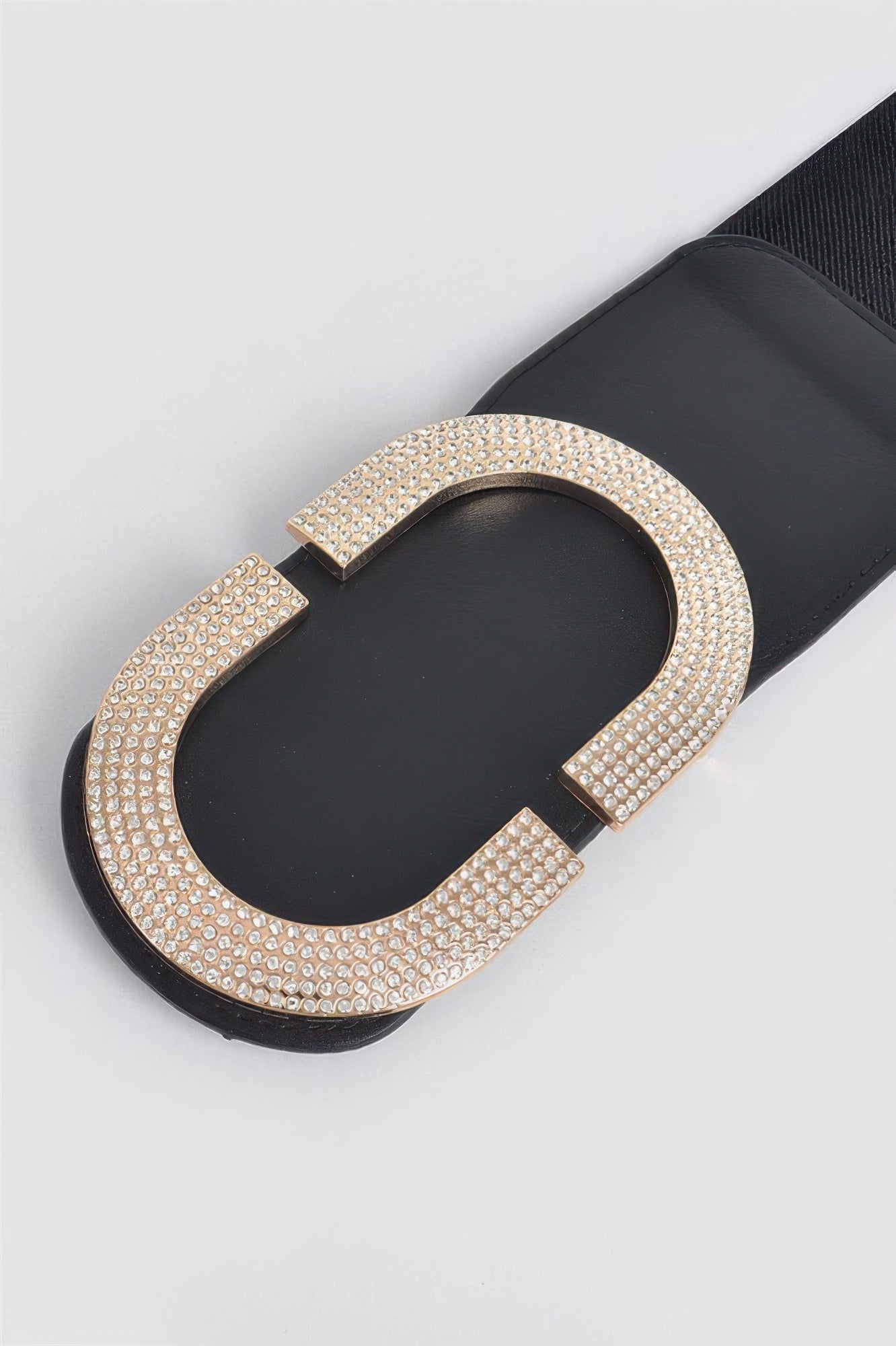 Rhinestone buckle stretch belt with sparkling embellishments, designed for women, by Toshe Women's Fashions.
