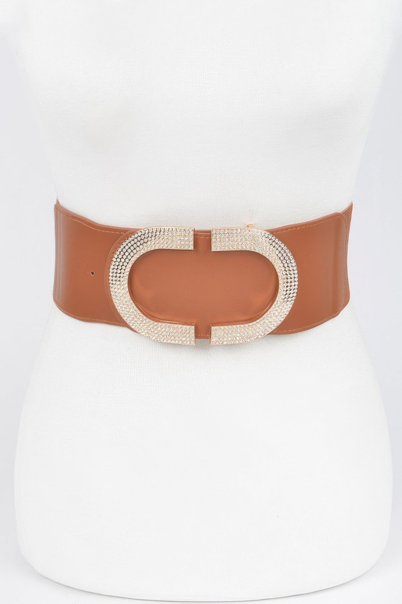 Elegant stretch belt with rhinestone buckle from Toshe Women's Fashions, featuring a stylish design and sparkling rhinestone accents.