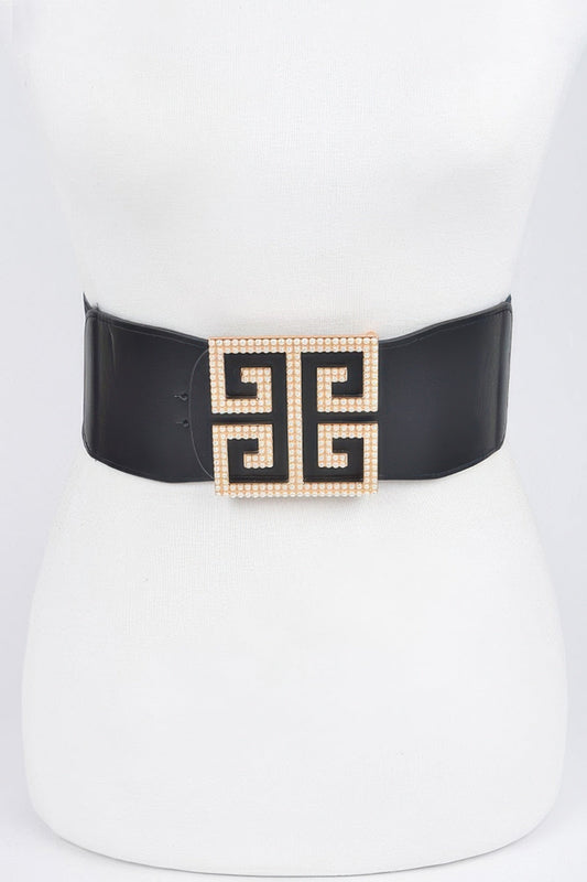 Faux pearl buckle stretch belt from Toshe Women's Fashions featuring a sleek design and elastic fit on a neutral background.