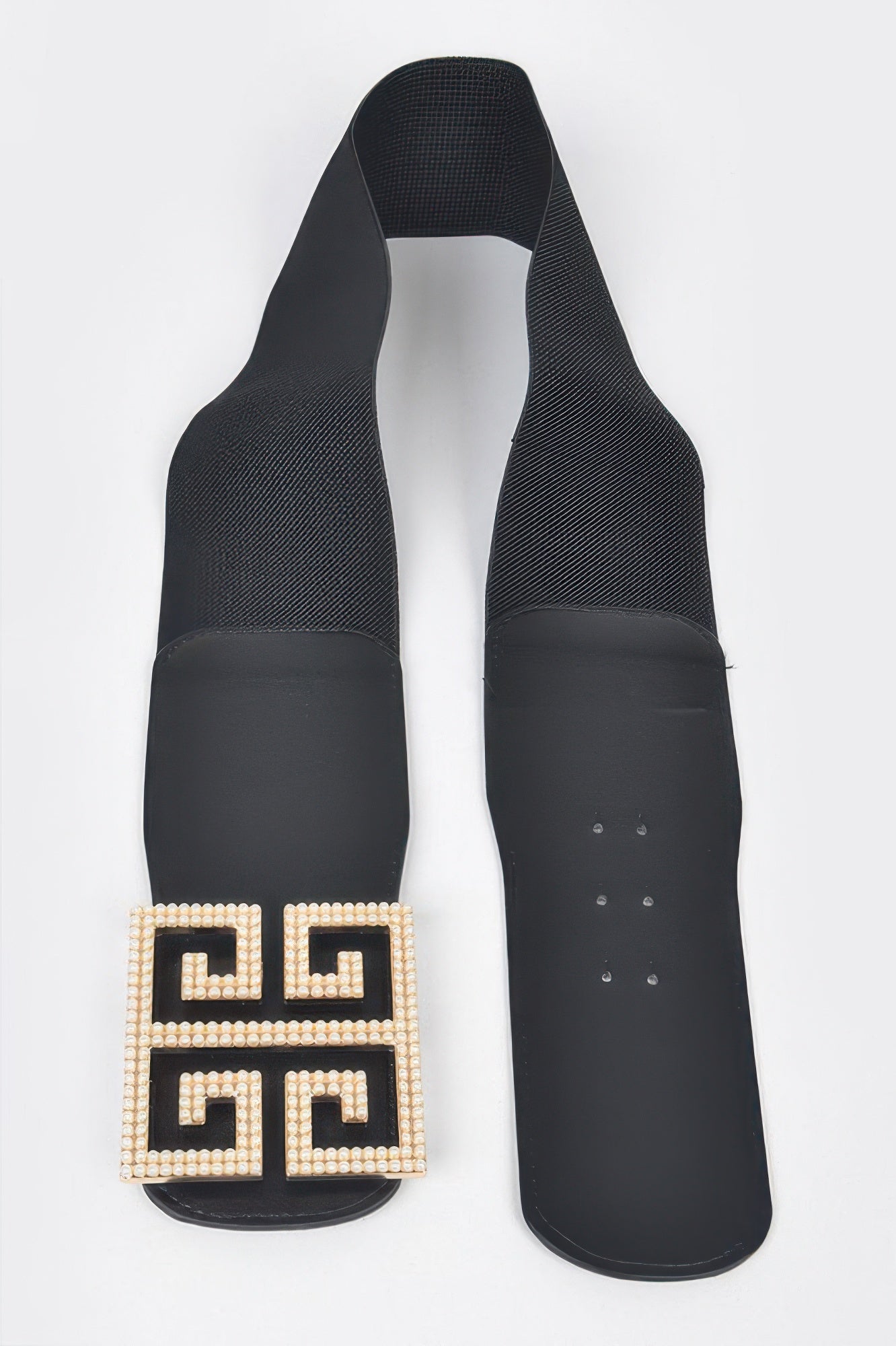 Faux pearl buckle stretch belt from Toshe Women's Fashions featuring a stylish pearl-embellished buckle and elastic strap.