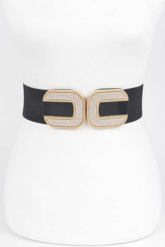 Rhinestone C-buckle stretch belt by Toshe Women's Fashions with sparkling rhinestones and a sleek C-shaped buckle.