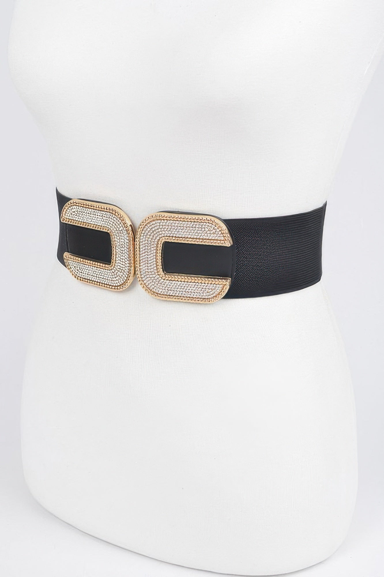 Shiny rhinestone C-buckle stretch belt by Toshe Women's Fashions, featuring a sparkling rhinestone-encrusted buckle and elastic strap.