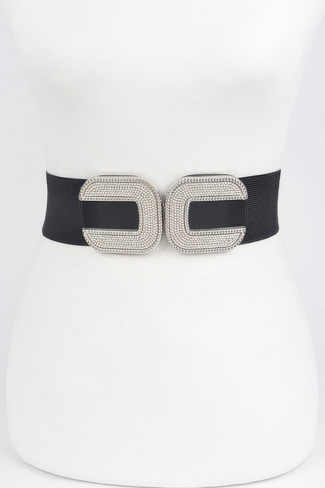 Shiny rhinestone C-buckle stretch belt for women, featuring a sparkling rhinestone-encrusted buckle and elastic design.