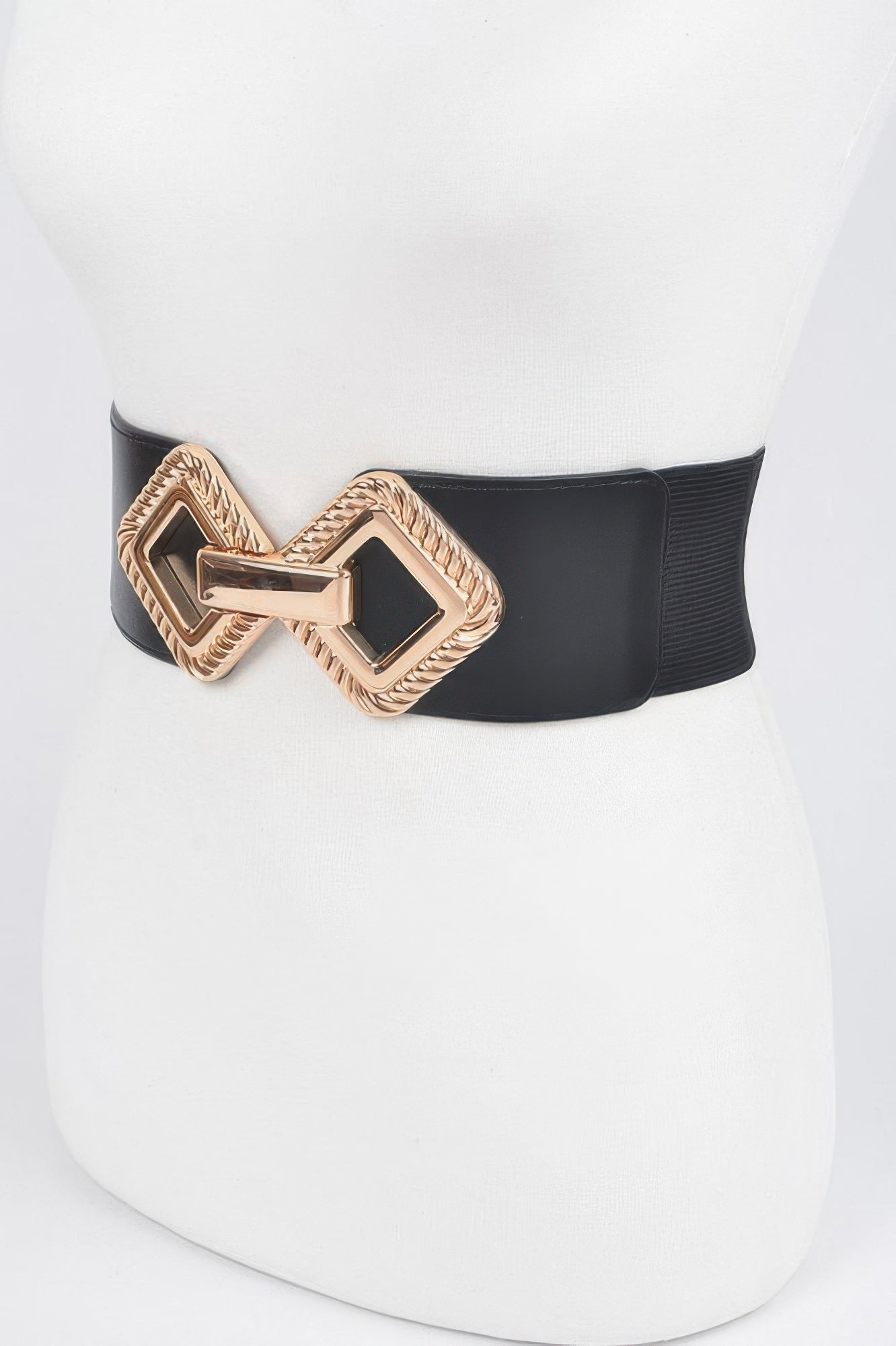 Big metal buckle stretch belt by Toshe Women's Fashions, featuring a wide leather strap and large metal buckle for stylish wear.