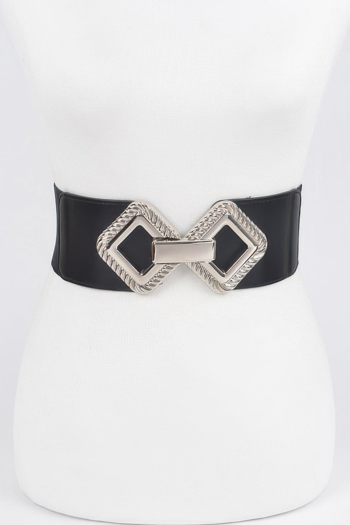 Black metal buckle stretch belt from Toshe Women's Fashions with a wide, adjustable design and textured leather strap.