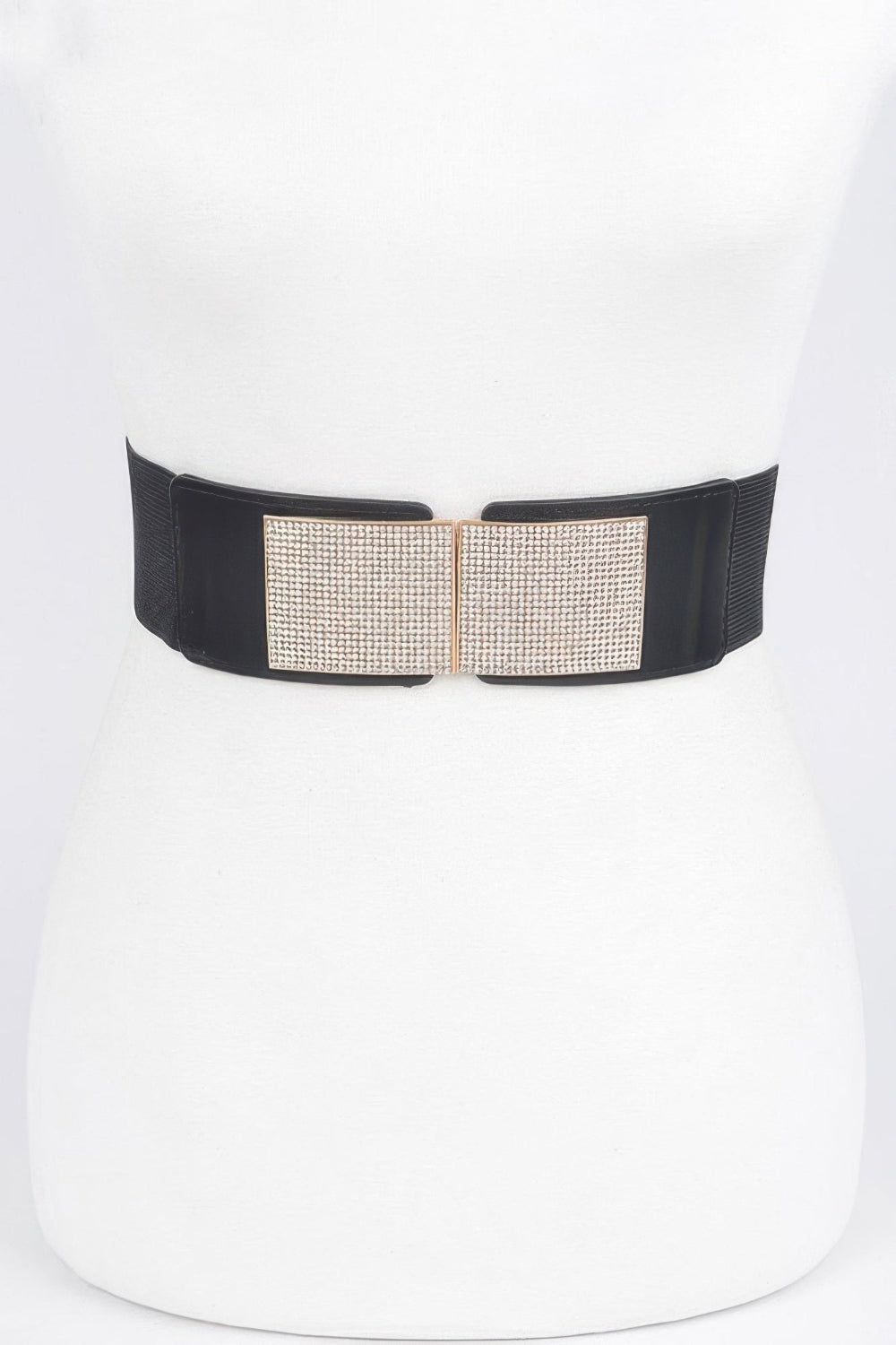 Shiny rhinestone metal buckle on a stretch belt from Toshe Women's Fashions, showcasing its decorative design and adjustable fit.