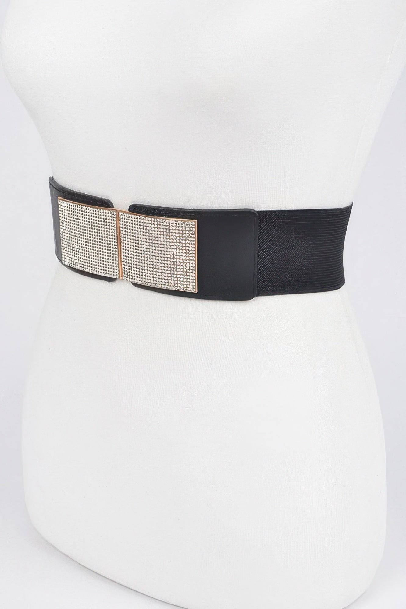 Rhinestone metal buckle stretch belt by Toshe Women's Fashions, featuring sparkling rhinestones and a sleek metal buckle.
