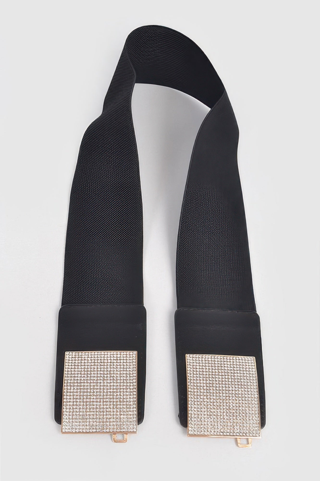 Rhinestone metal buckle stretch belt with adjustable strap, stylish accessory from Toshe Women's Fashions.