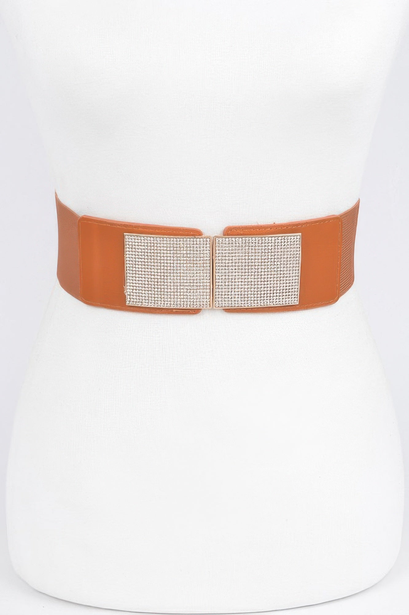 Rhinestone metal buckle stretch belt with sparkling embellishments, designed for women's fashion by Toshe.