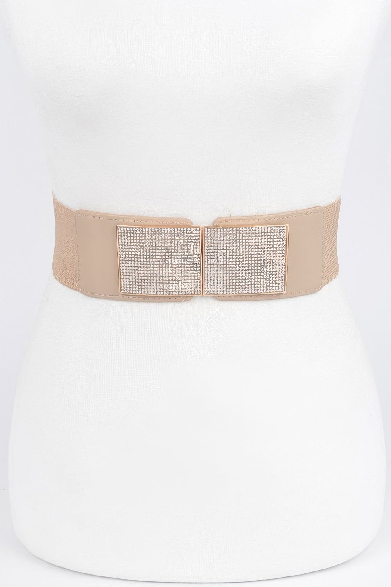 Rhinestone metal buckle stretch belt from Toshe Women's Fashions showing a shiny rhinestone buckle and adjustable elastic strap.