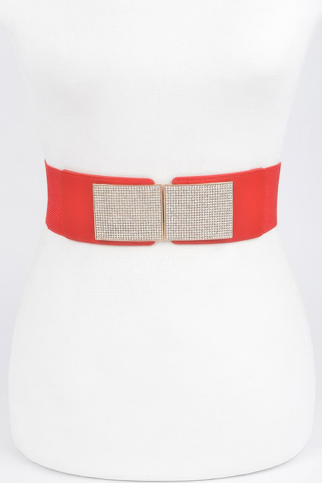 Rhinestone metal buckle stretch belt from Toshe Women's Fashions featuring rhinestones and a sleek metal buckle.