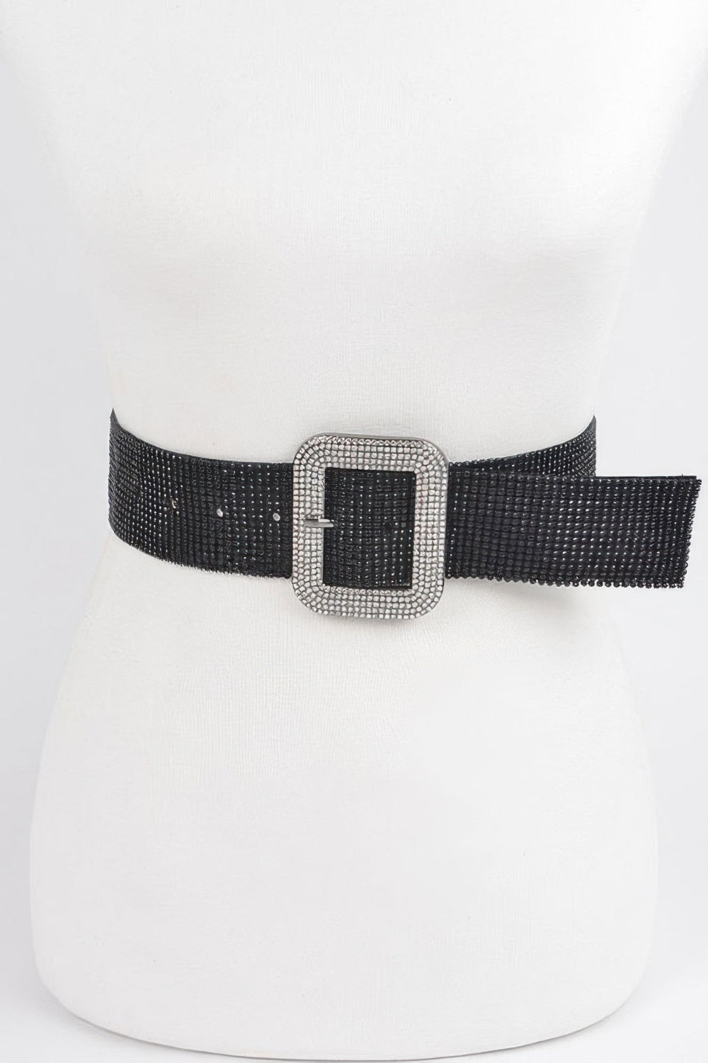 Black stretch rhinestone belt by Toshe Women's Fashions featuring sparkling rhinestones and a flexible design.
