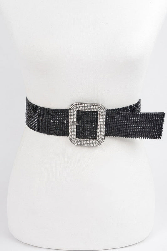 Black stretch rhinestone belt by Toshe Women's Fashions featuring sparkling rhinestones and a flexible design.