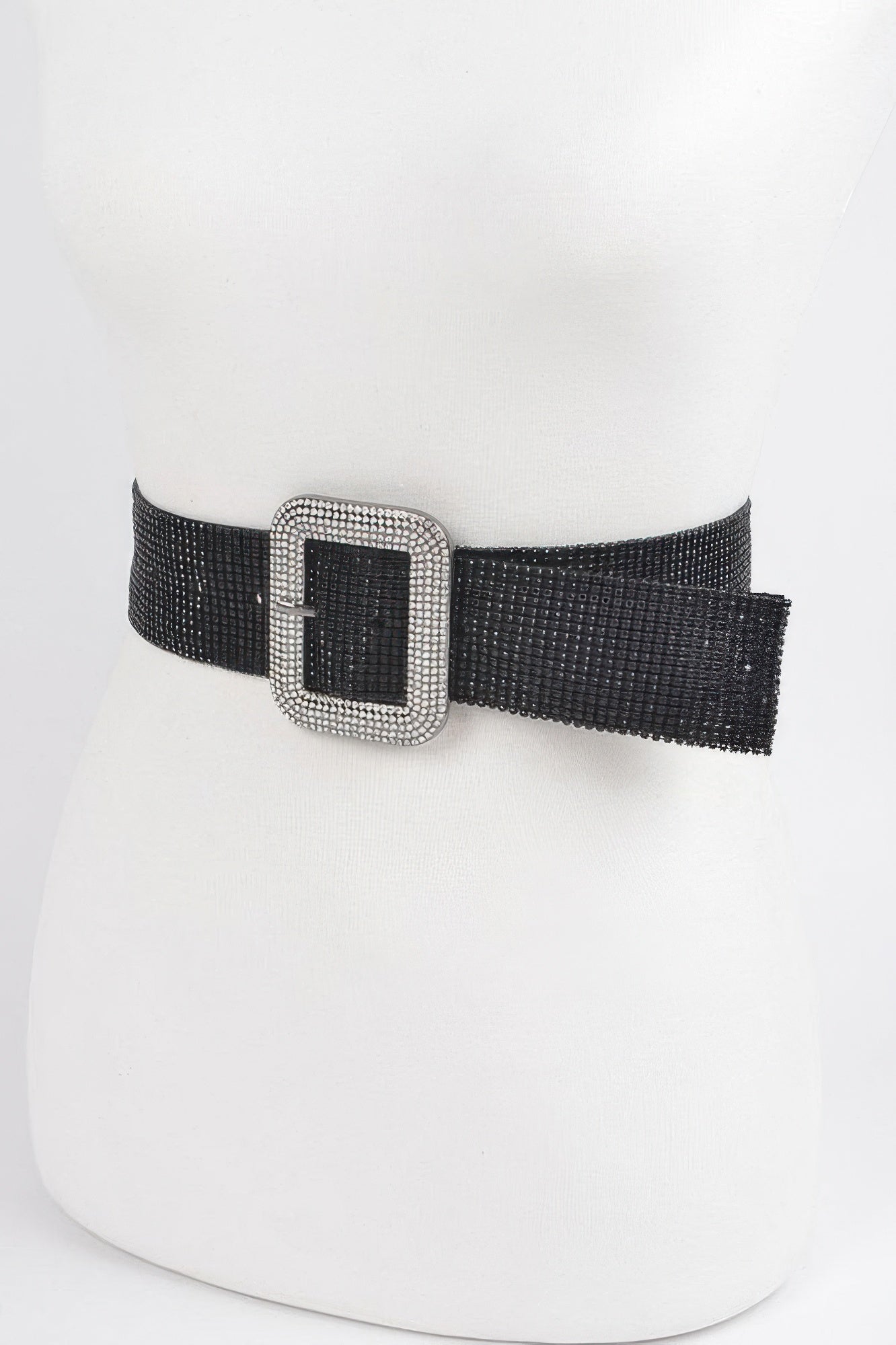 Black stretch rhinestone belt by Toshe Women's Fashions, featuring sparkling rhinestones and a flexible fit.