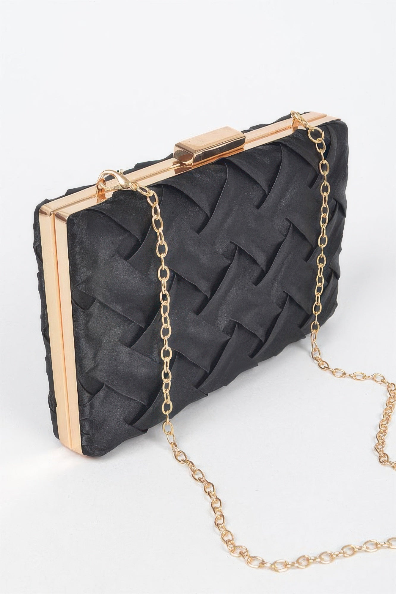 Cross hatched chain clutch bag by Toshe Women's Fashions with gold-tone chain strap and textured surface.