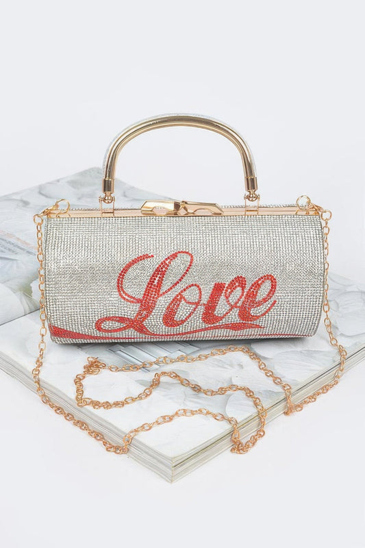Rhinestone Love Party Clutch by Toshe Women's Fashions featuring sparkling rhinestones and a stylish clutch design.