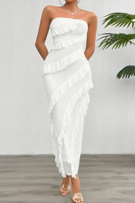 White off-shoulder ruffle sleeveless maxi dress by Toshe Women's Fashions, flowing design with ruffle details at the shoulders.