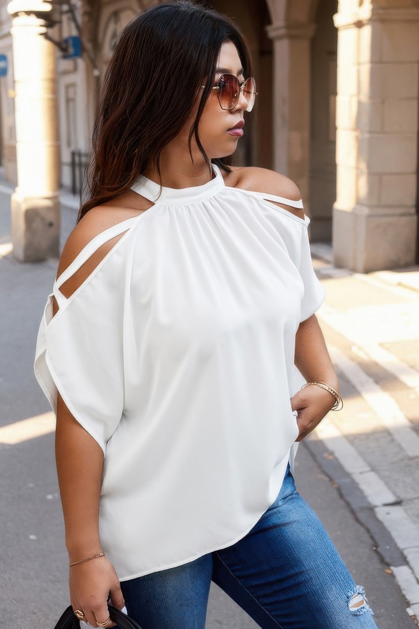 Toshe Women's Fashions halter open shoulder top with bat sleeves, stylish women's blouse in black with cut-out shoulder design.