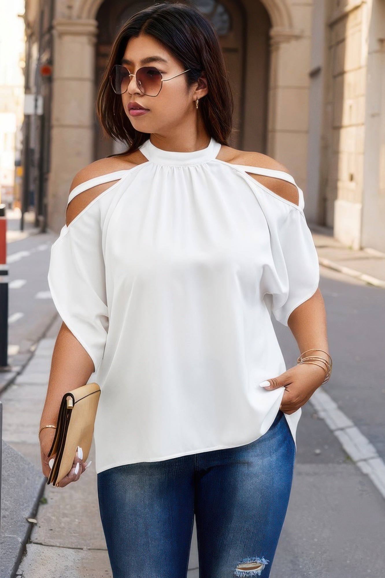 Toshe Women's Fashions halter open shoulder bat sleeve top, stylish black sleeveless blouse with unique bat wing sleeves.