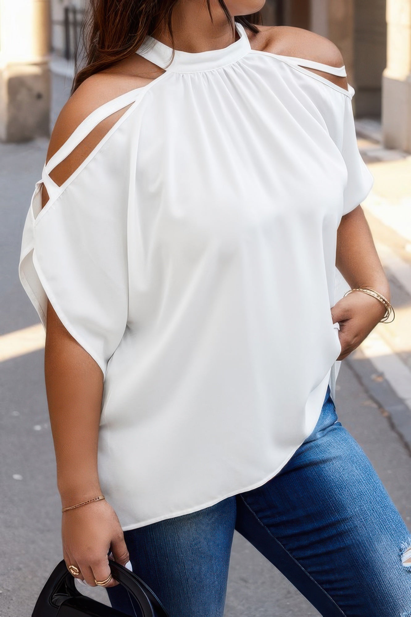 Toshe Women's Fashions halter open shoulder bat sleeve top with stylish design and relaxed fit, perfect for casual wear.