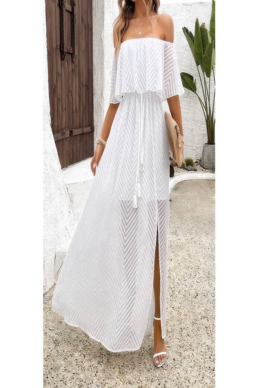 Off-shoulder tassel ruffle trim split dress by Toshe Women's Fashions, featuring flowing fabric and stylish design.