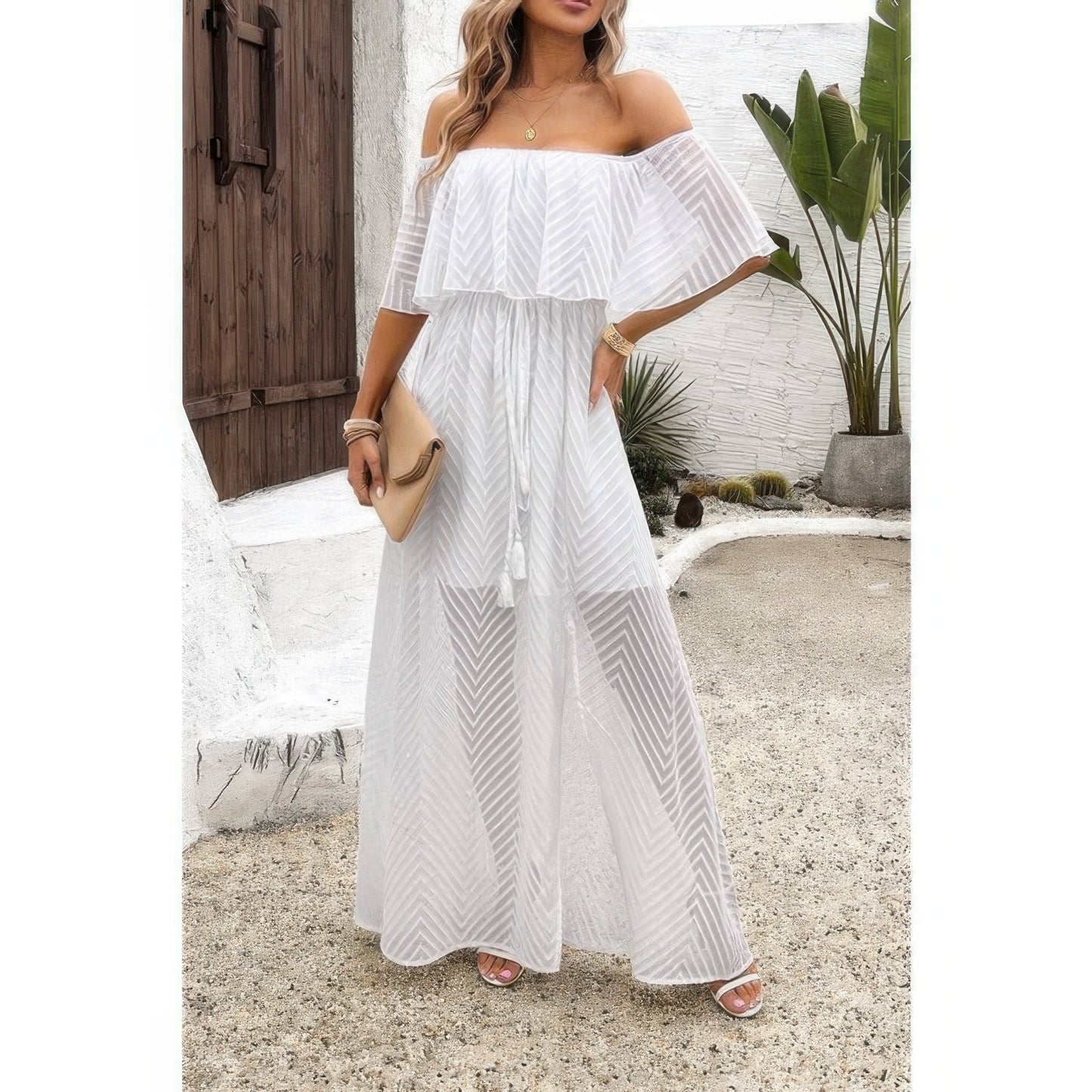 Off shoulder tassel ruffle trim split dress by Toshe Women's Fashions, featuring flowy fabric and stylish design.