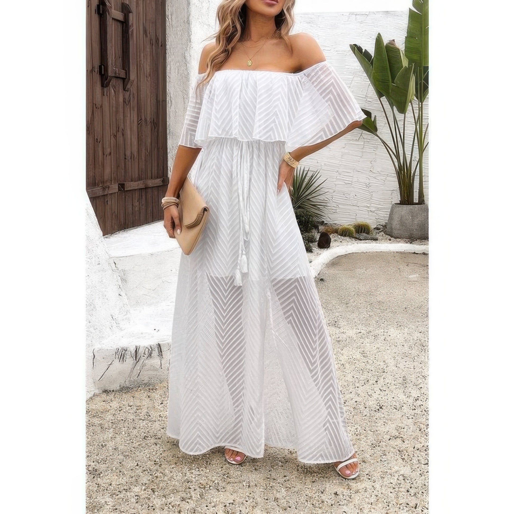 Off shoulder tassel ruffle trim split dress by Toshe Women's Fashions, featuring flowy fabric and stylish design.