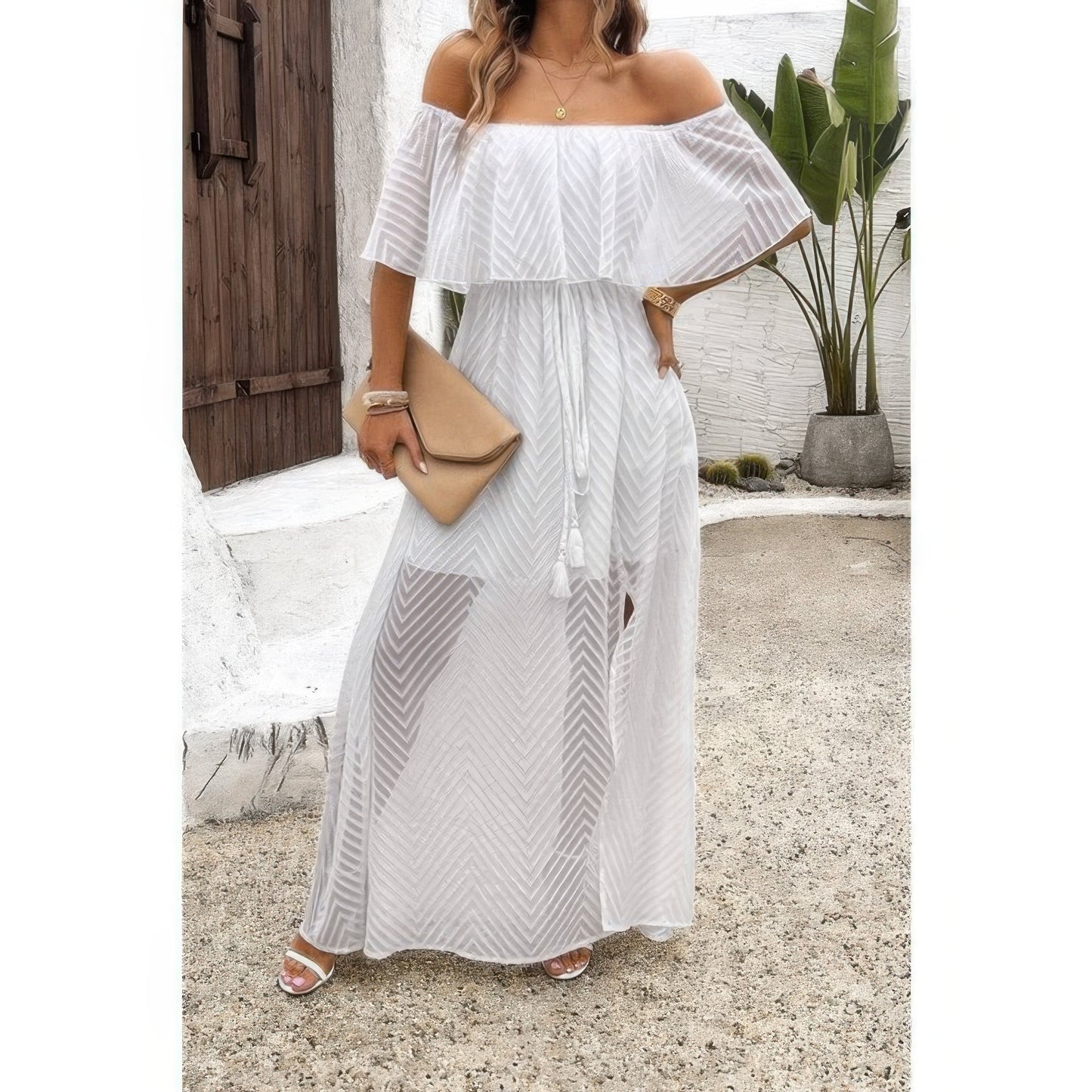 Off shoulder tassel ruffle trim split dress by Toshe Women's Fashions, featuring flowing fabric and stylish design.