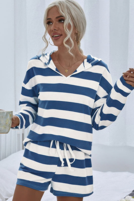 Oversized hooded pajama shorts set with striped pattern from Toshe Women's Fashions, featuring a relaxed fit and comfortable fabric.