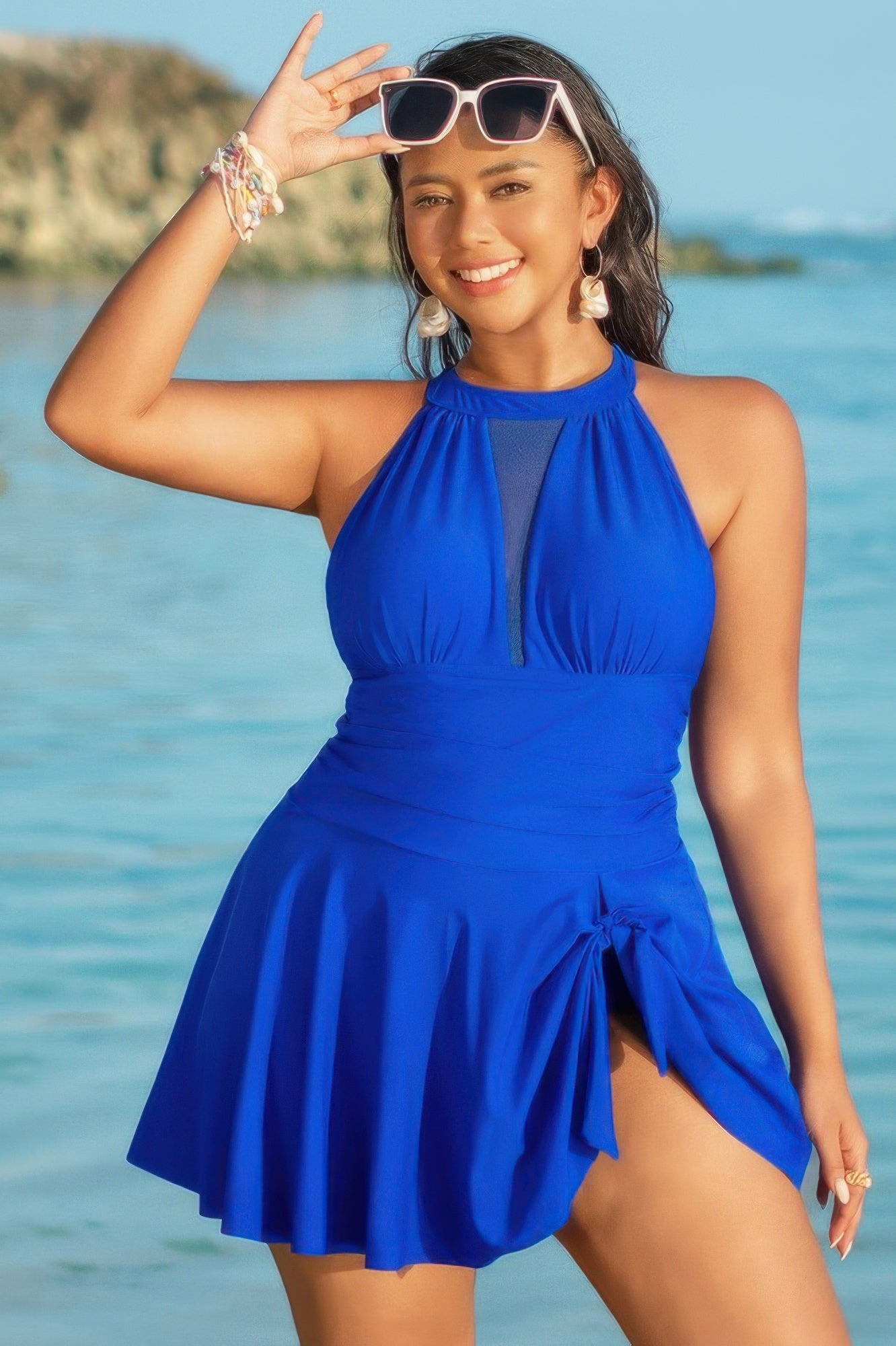 Toshe Women's Fashions halter ruched sleeveless swim dress with adjustable straps and flattering fit, shown on a model.
