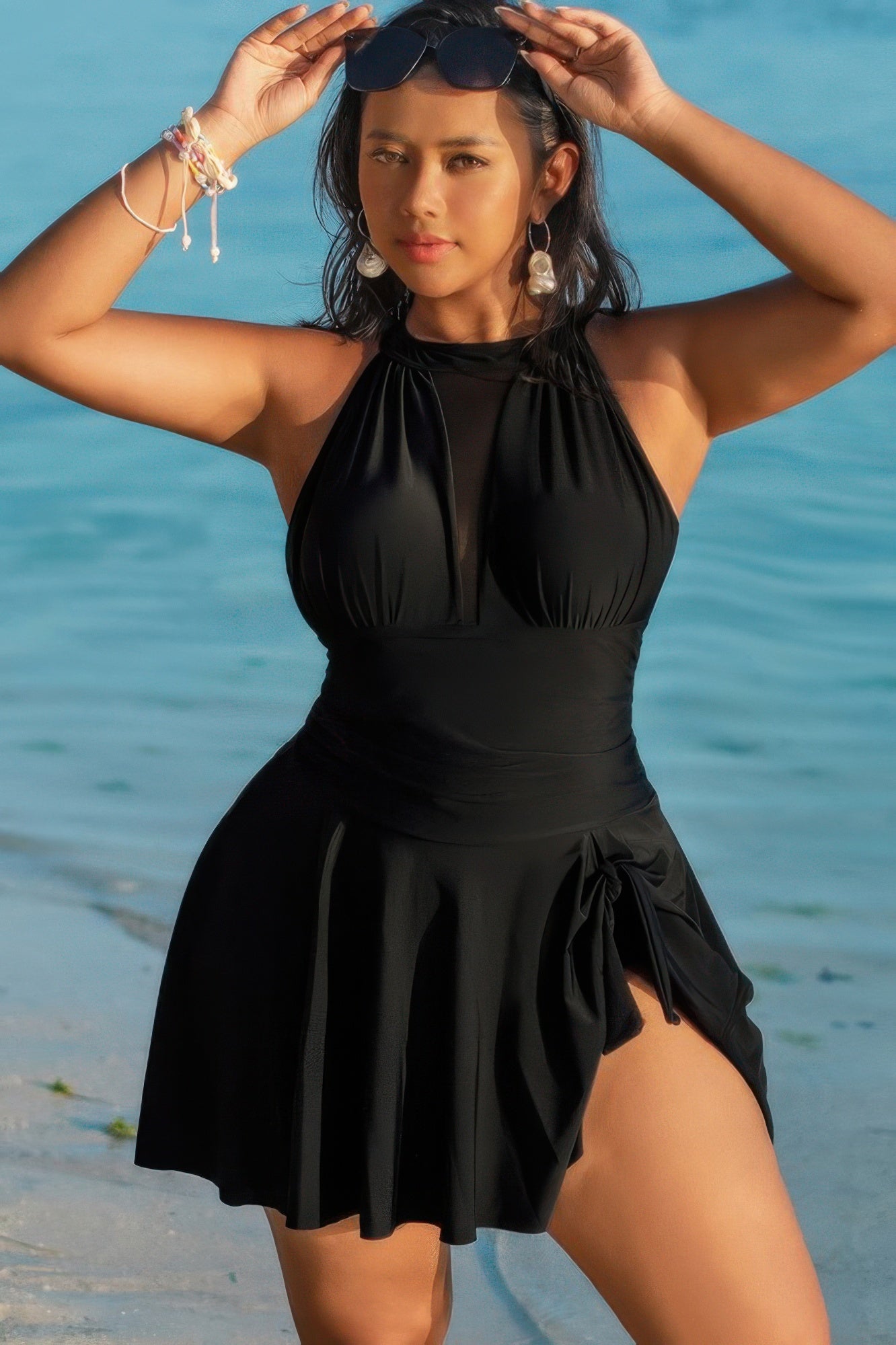 Halter ruched sleeveless swim dress by Toshe Women's Fashions, featuring a fitted bodice and stylish design for beachwear.