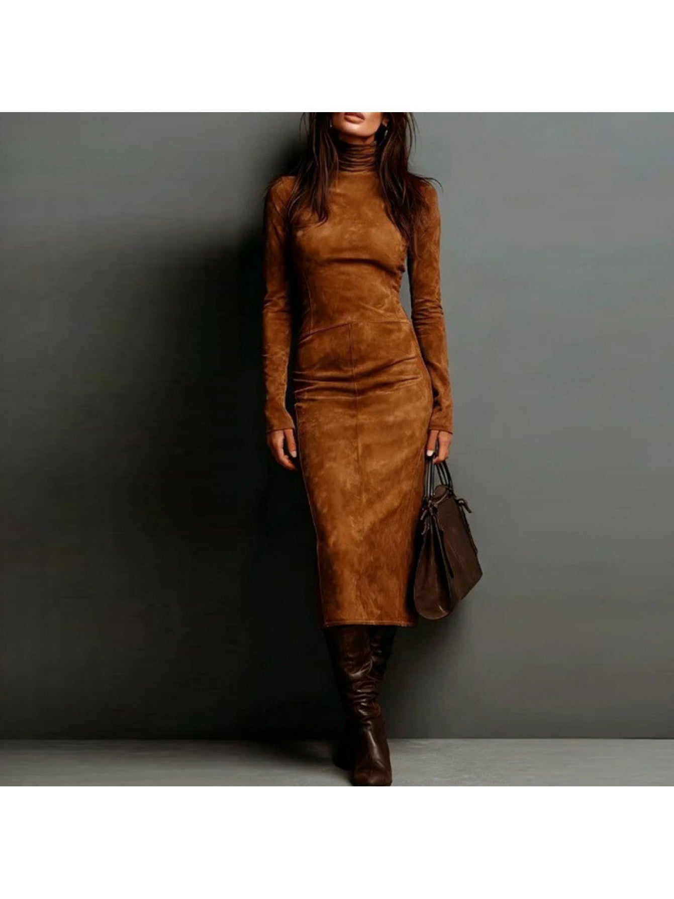 Faux Suede Bodycon Dress with High Neck