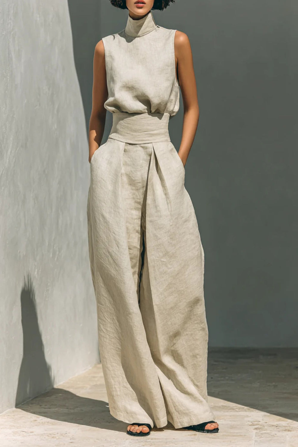 Sleeveless turtleneck top and matching pants set by Trendsi, in a stylish, fitted design perfect for casual or chic outfits.