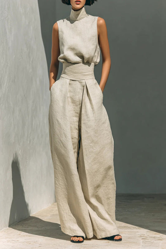 Sleeveless turtleneck top and matching pants set by Trendsi, in a stylish, fitted design perfect for casual or chic outfits.