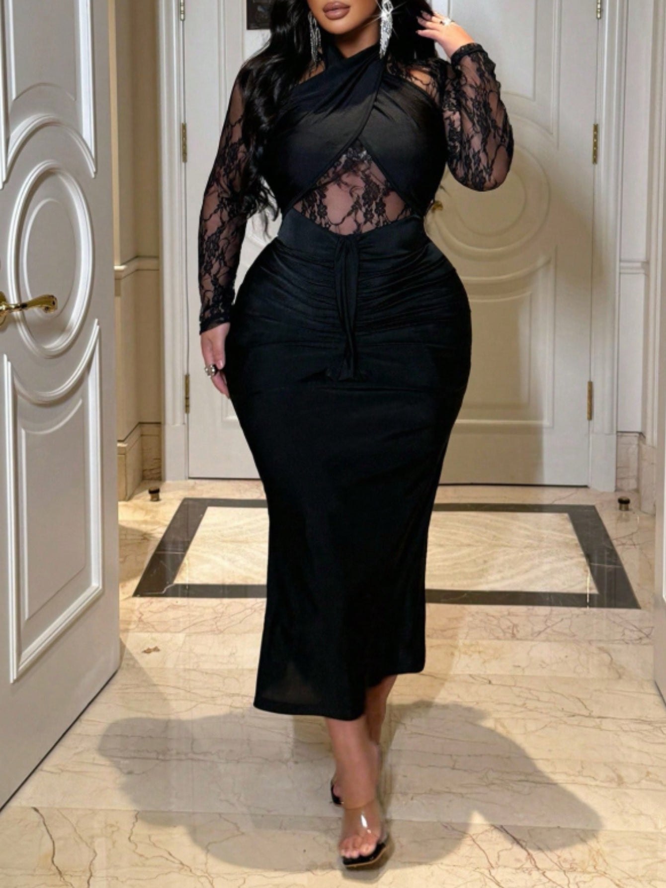 Elegant Lace Cross-Back Mermaid Maxi Dress