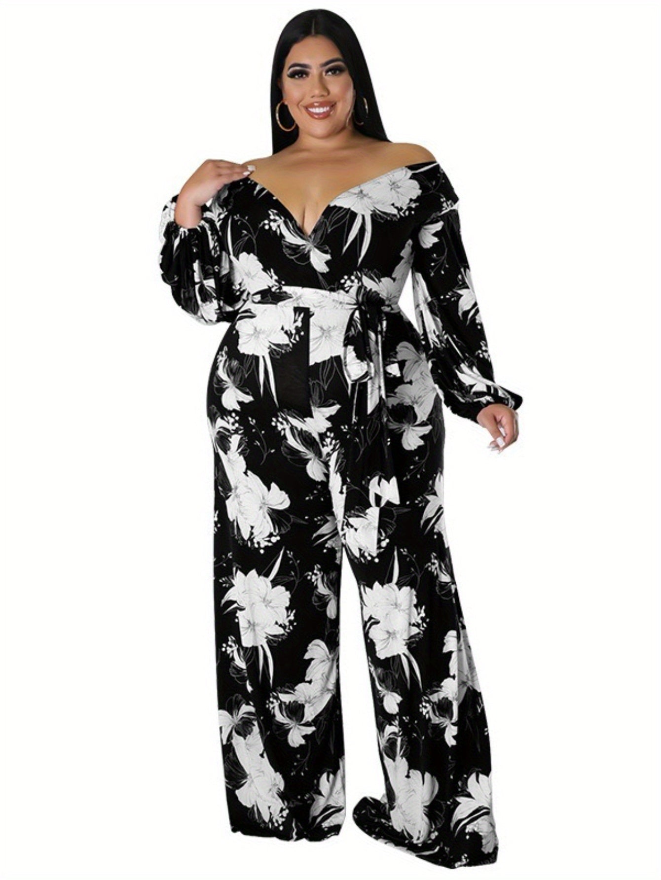 Floral Deep V-Neck Wide-Leg Jumpsuit – Black & White Elegance