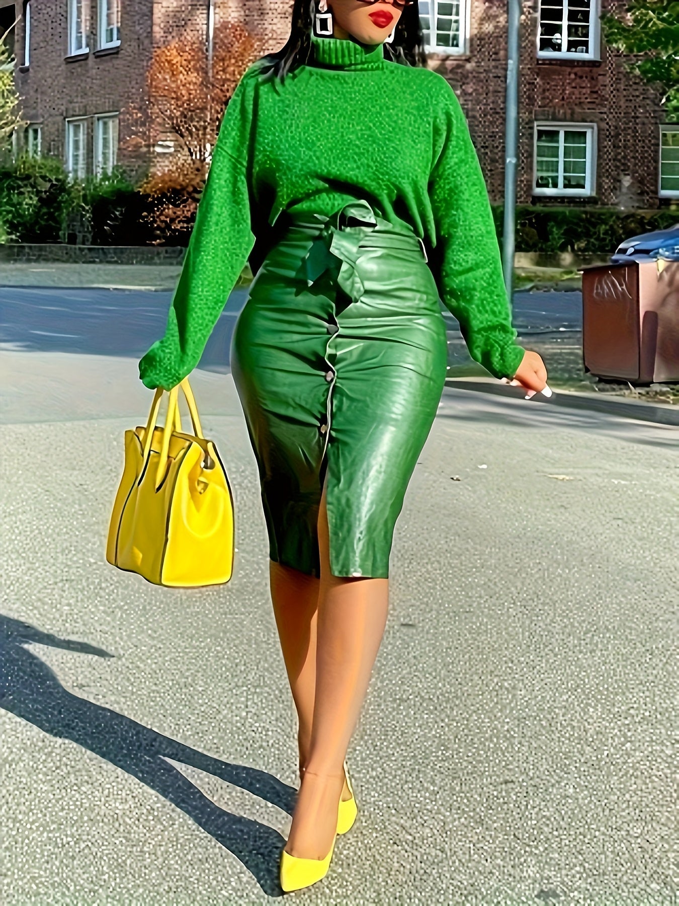 Green Faux Leather Skirt with Belt