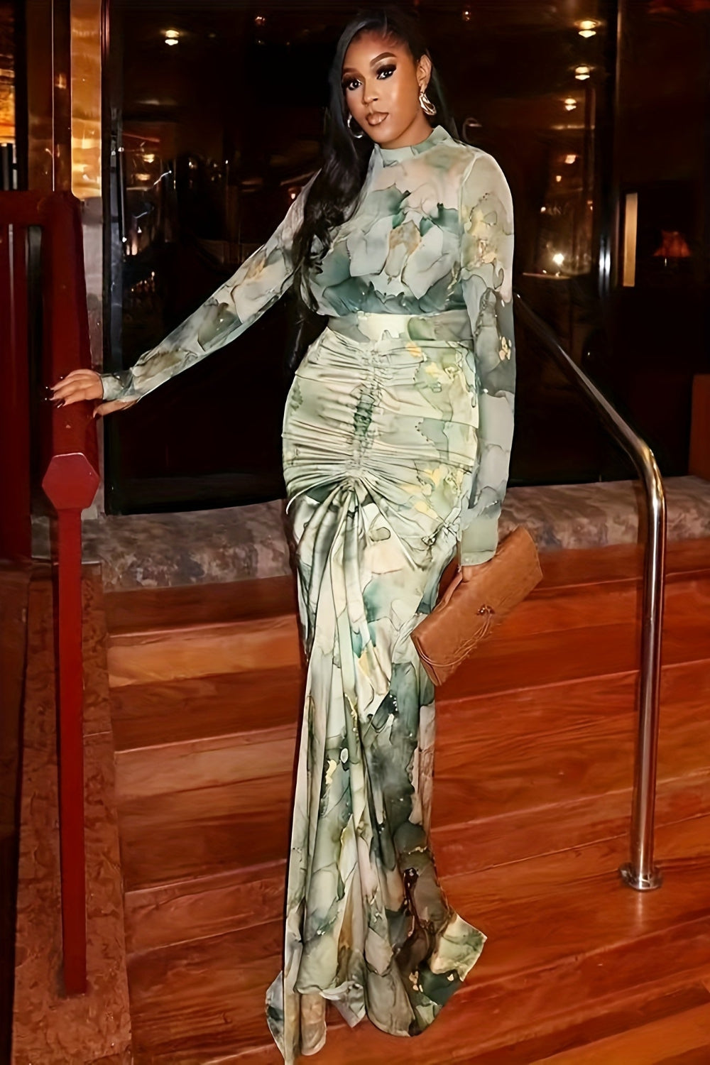 Mockneck Green Gradient Print Waist-Pleated Maxi Dress