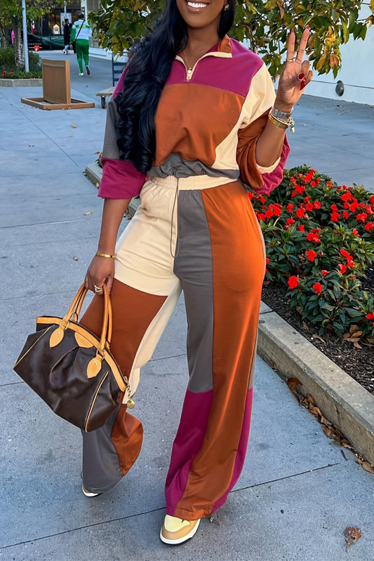 Color Block Cropped Zip Hoodie & High Waist Pants Set