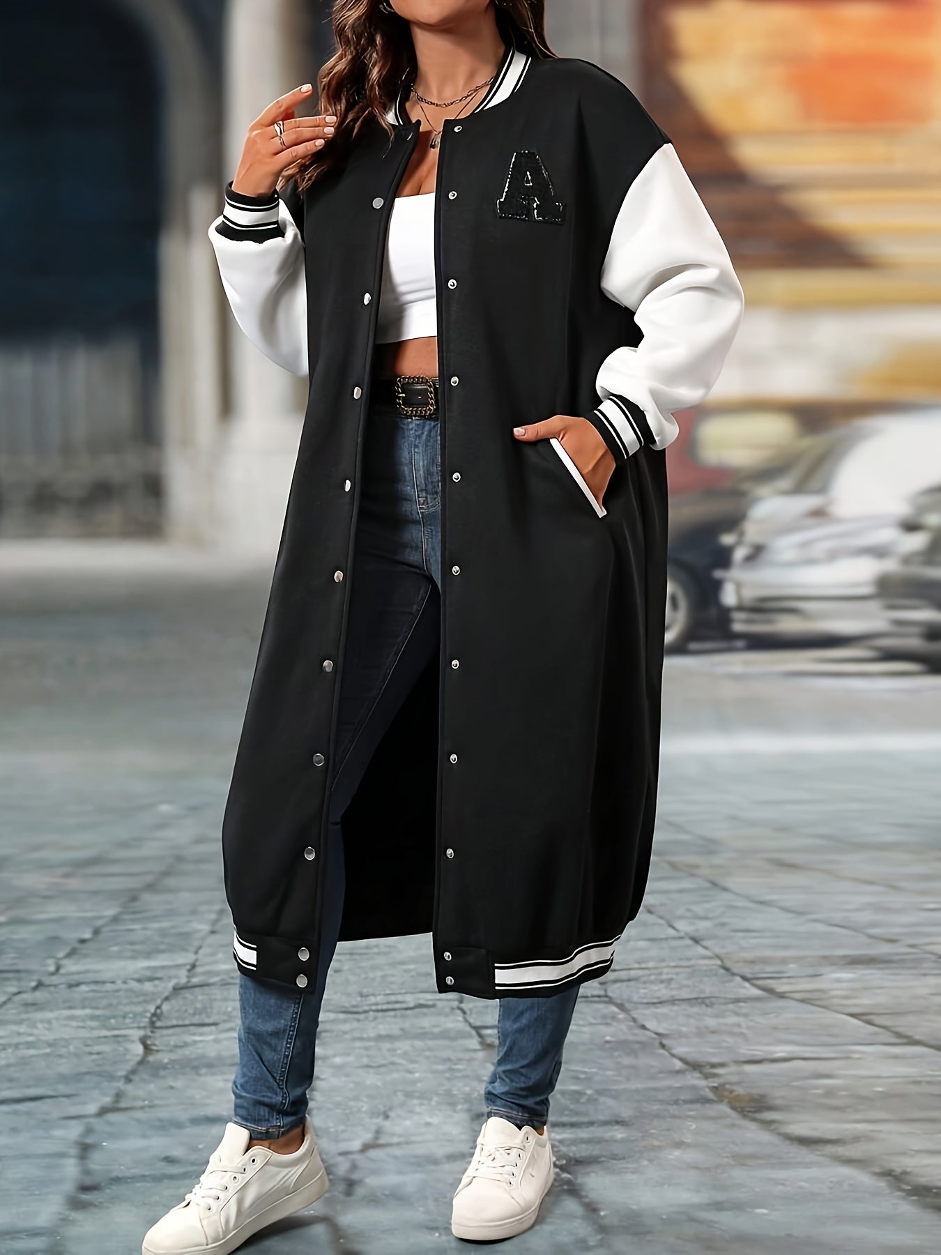College Style Color Block Jacket – Gold Button Varsity Blazer for Women