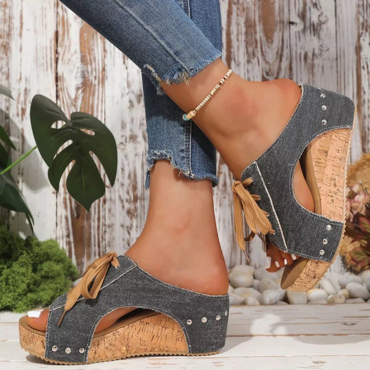 Trendsi lace-up wedge sandals with open toes and ankle straps, featuring a cork-style wedge heel and neutral color.