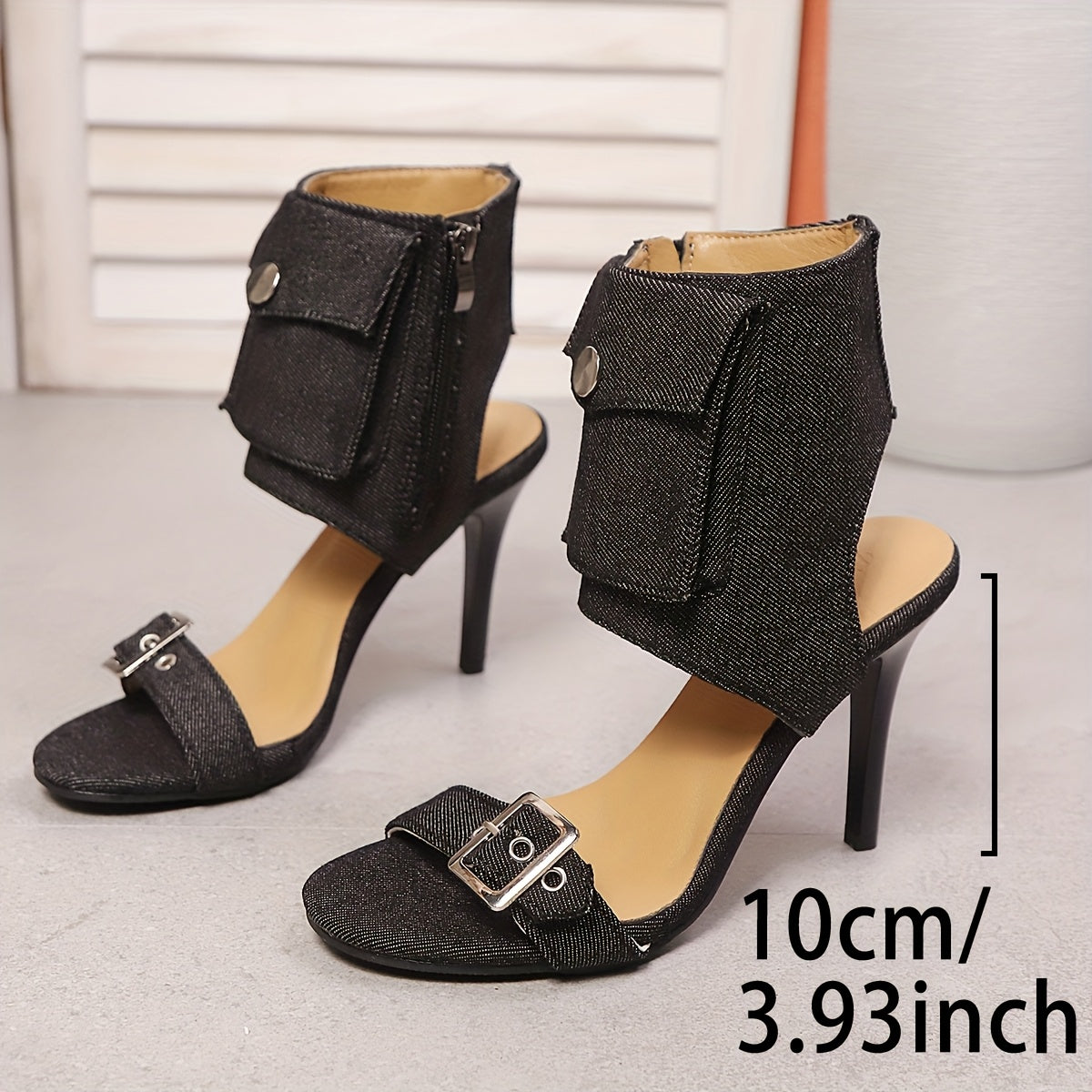 Denim Fabric Ankle Buckle Stiletto Sandals