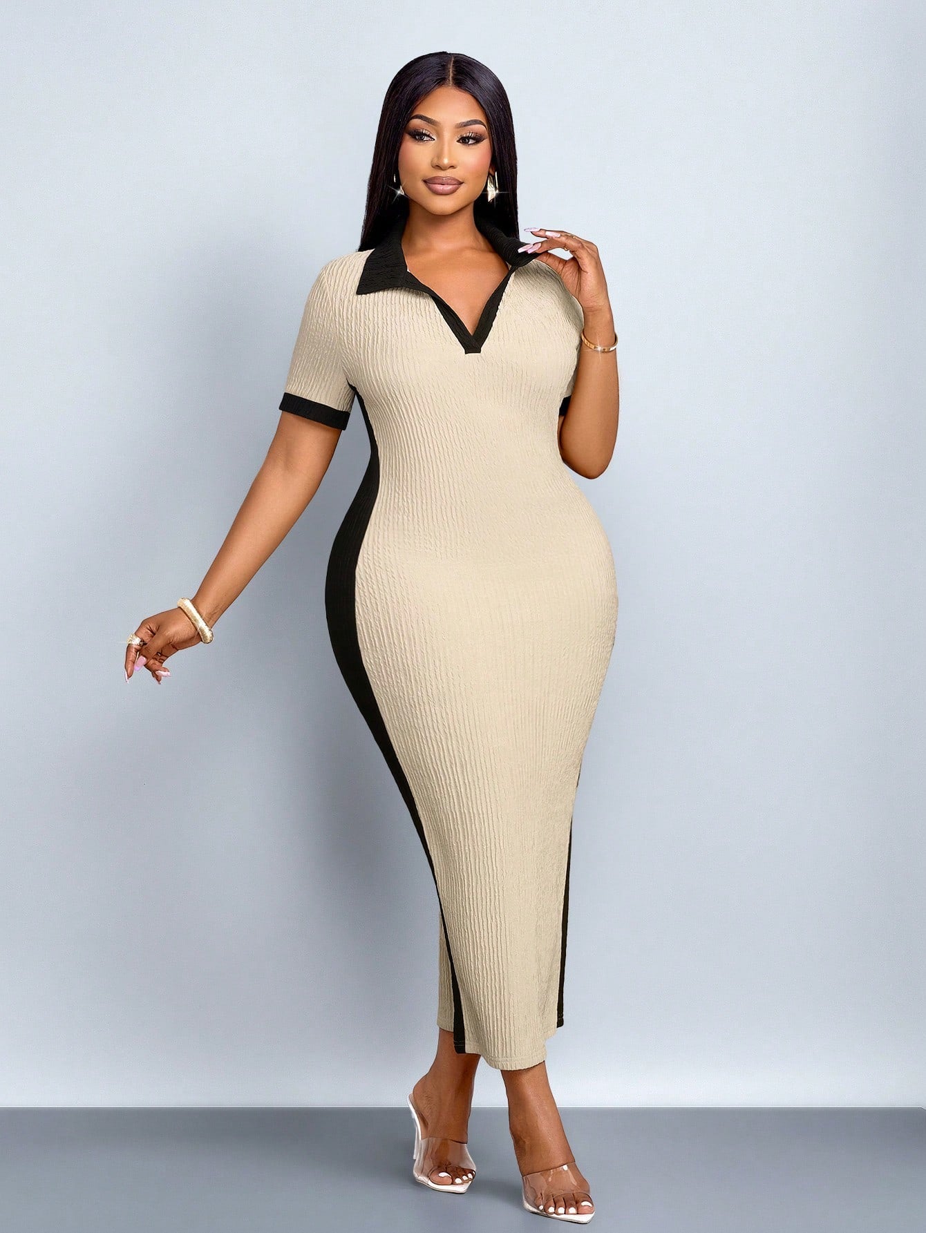 Sophisticated Charm Contrast-Collar Midi Dress – Effortless Elegance for Every Occasion