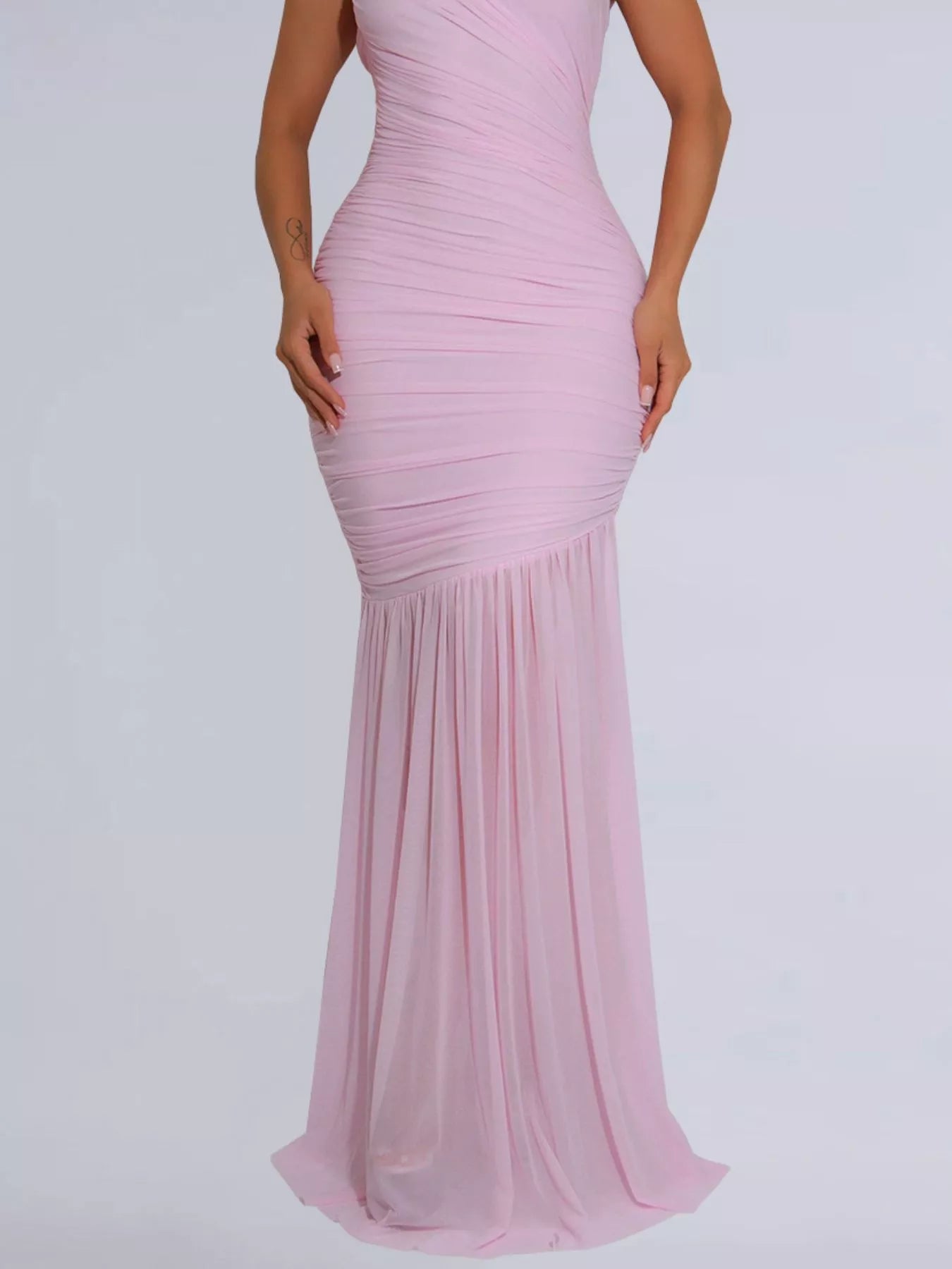 Black one-shoulder ruched bodycon maxi dress from Trendsi, featuring a fitted silhouette and elegant design.
