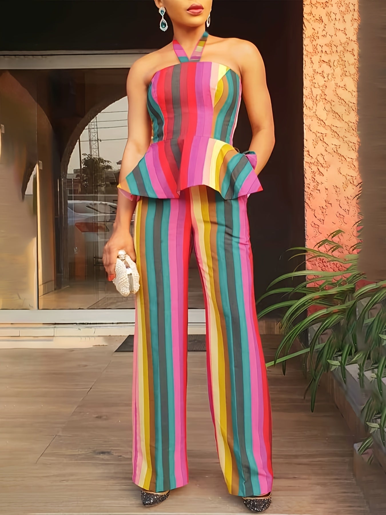Chic Halter Strap Open Shoulder Top & Straight-Leg Trouser Set – Elegant & Flattering 2-Piece Outfit