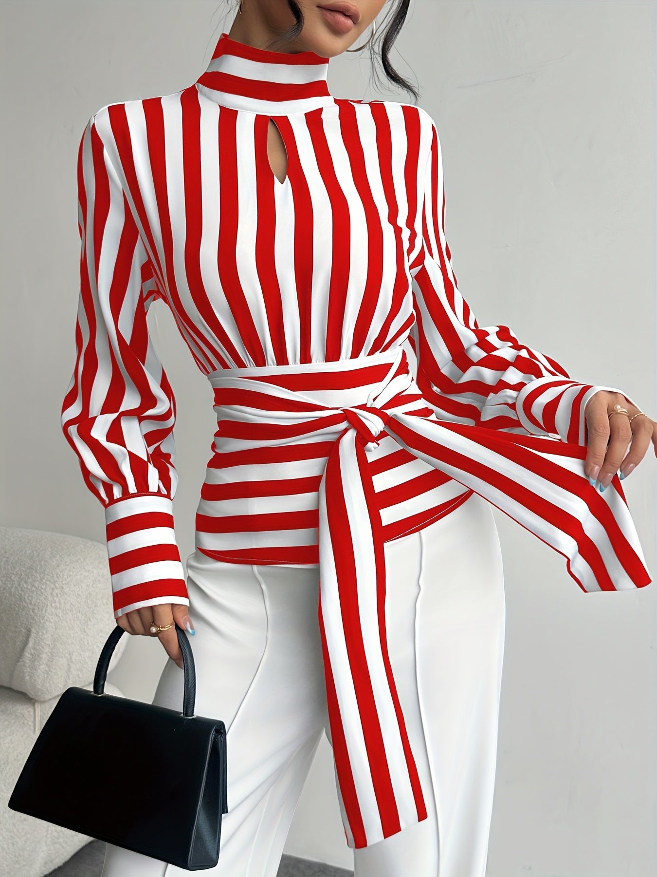 Elegant High-Neck Stripe Blouse – Adjustable Waist Tie, Long Sleeves & Smooth Fabric