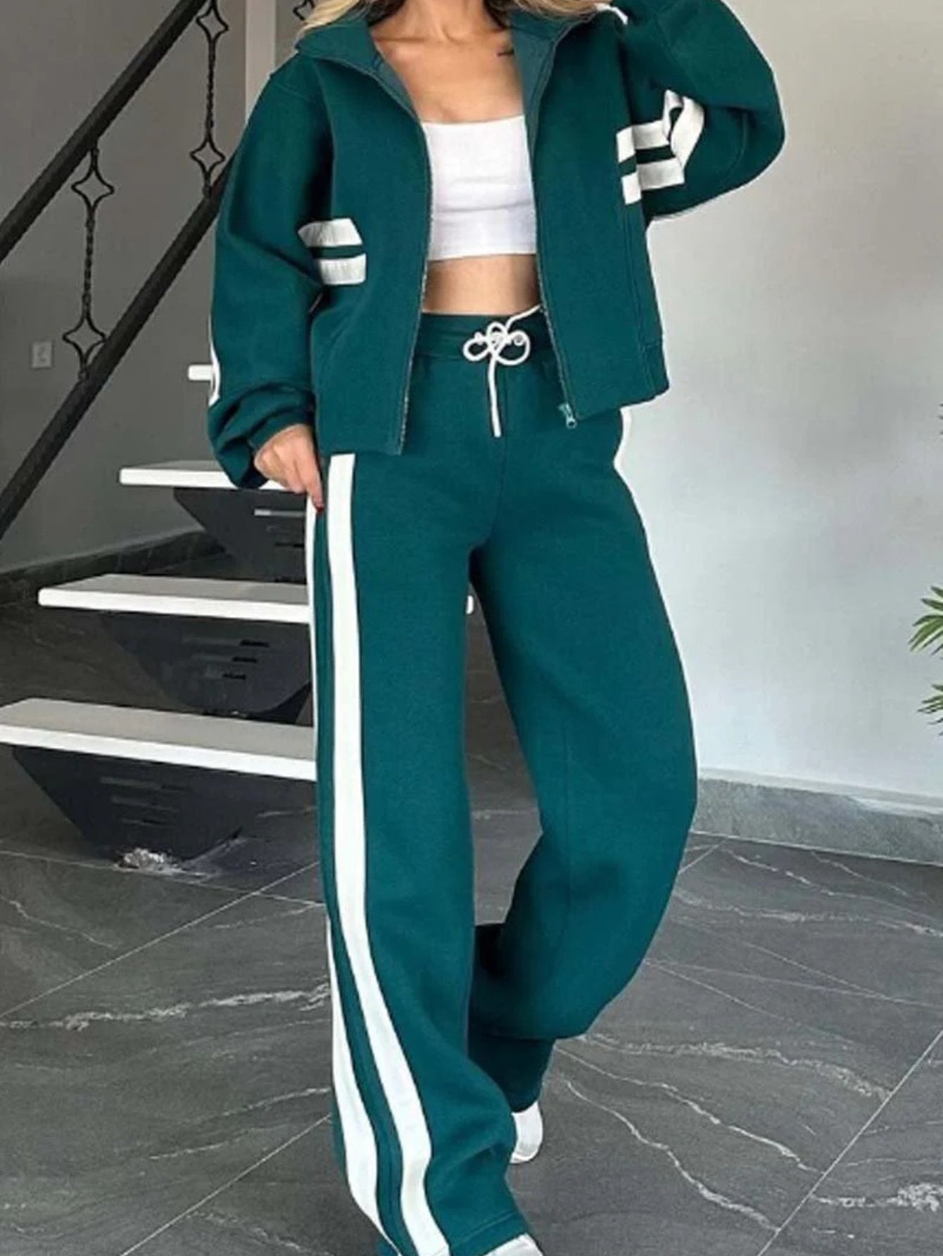 Striped Zipper Jacket and Pants Set